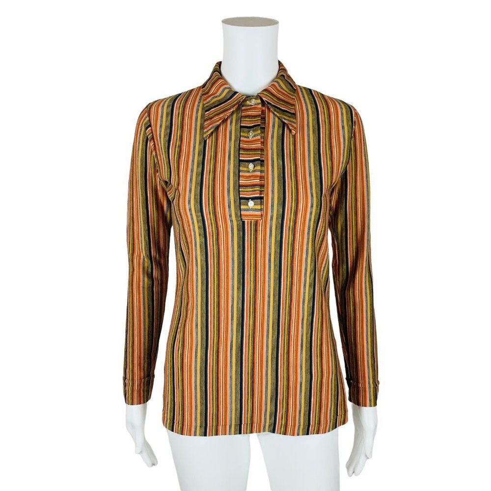 Vintage 1970s Striped Polo Top Long Sleeve Multicolored Shirt | B 34"
